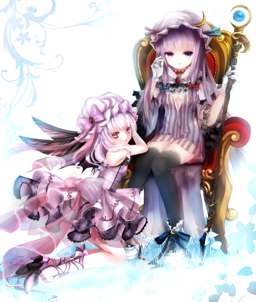 2girls ascot bare_shoulders basilis9 bat_wings boots bow chair cleavage_cutout crescent dress hair_ribbon hat hat_bow hat_ribbon highres leg_ribbon long_hair multiple_girls patchouli_knowledge purple_hair red_eyes remilia_scarlet ribbon shoes sitting sleeveless sleeveless_dress slit_pupils stick striped striped_dress thigh-highs touhou violet_eyes white_background wings