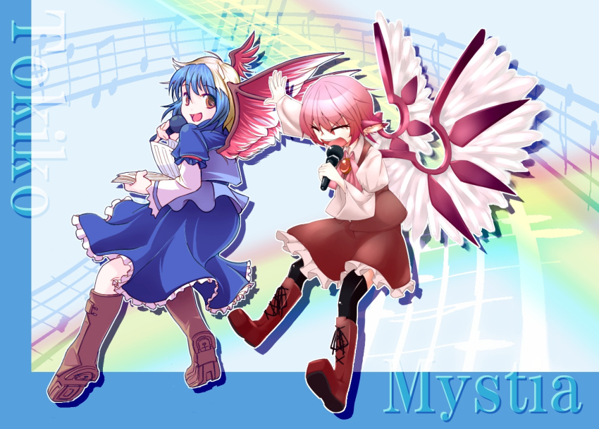 2girls animal_ears blue_hair book boots bow brooch character_name closed_eyes dress head_wings horns jewelry kyoro_(asdfg-hjkl) microphone multicolored_hair multiple_girls musical_note mystia_lorelei no_hat open_mouth pink_hair red_eyes short_hair silver_hair singing smile tokiko_(touhou) touhou two-tone_hair wings