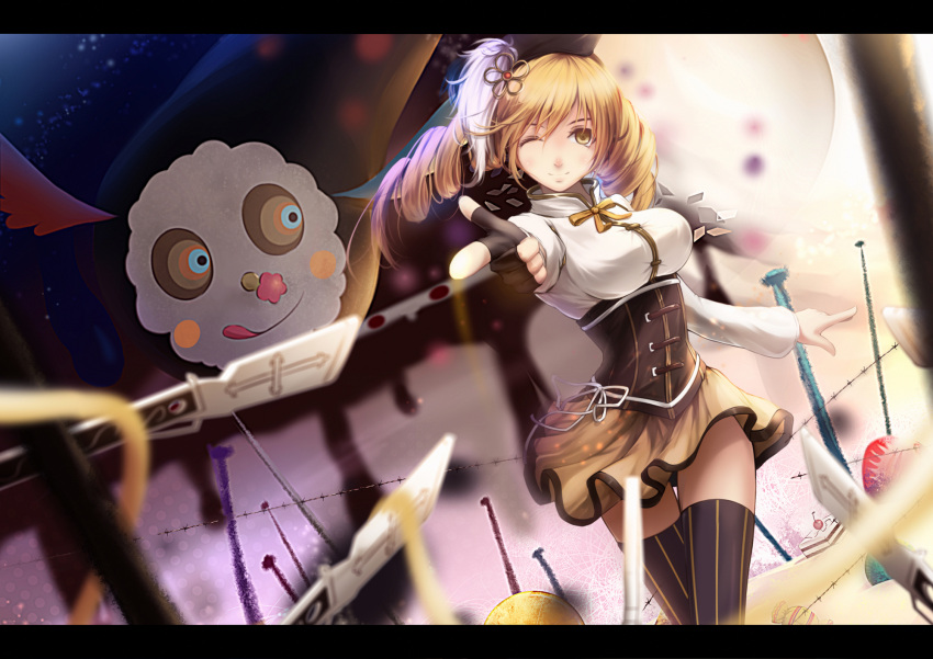 1girl :q beret black_gloves blonde_hair charlotte_(madoka_magica) corset drill_hair fingerless_gloves gloves hair_ornament hat highres lancefate letterboxed looking_at_viewer magical_girl mahou_shoujo_madoka_magica multicolored_eyes short_hair single_glove skirt smile striped striped_legwear thigh-highs tomoe_mami tongue tongue_out twin_drills vertical-striped_legwear vertical_stripes winking yellow_eyes yellow_skirt