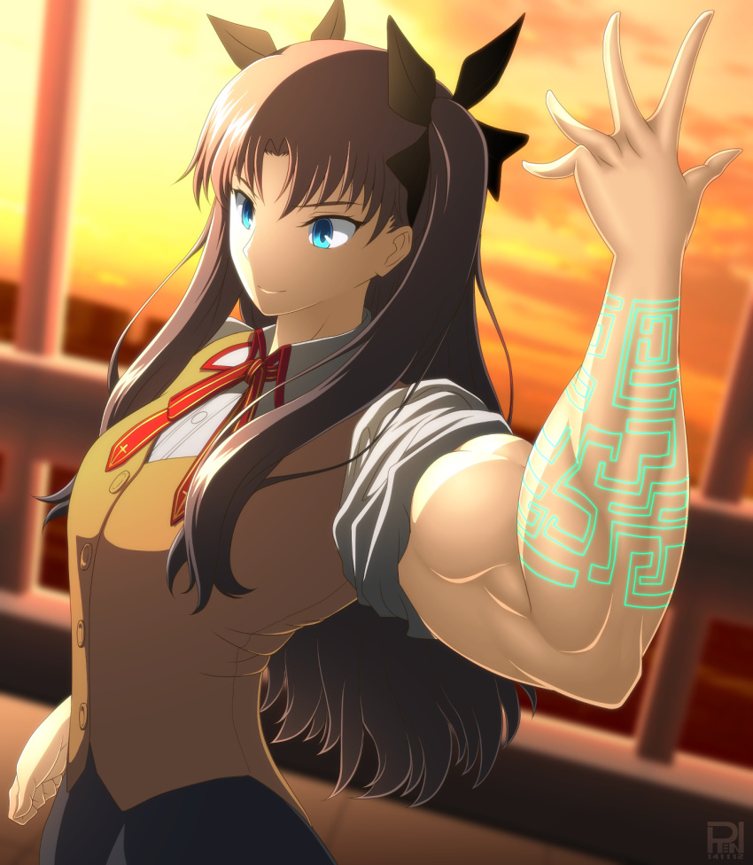 1girl biceps black_hair blue_eyes fate/stay_night fate_(series) flexing highres long_hair markings muscle pose ren_(tainca2000) ribbon school_uniform sleeves_rolled_up sunset tohsaka_rin toosaka_rin twintails vest