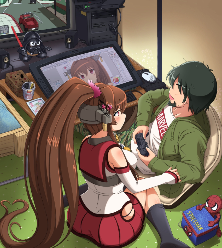 1girl adobe_photoshop artist_self-insert black_hair brown_hair controller darth_vader detached_sleeves game_controller ganesha grand_theft_auto grand_theft_auto_5 hair_ornament highres kantai_collection long_hair marvel peanuts playing_games playstation ponytail red_eyes shin'en_(gyokuro_company) short_hair single_thighhigh snoopy spider-man spider-man_(series) star_wars thigh-highs yamato_(kantai_collection)