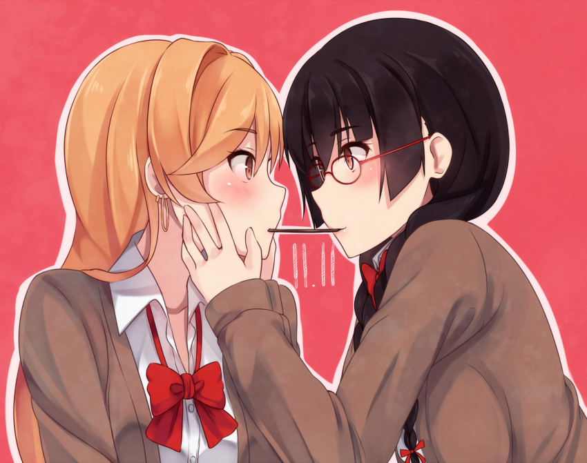 2girls black_hair blonde_hair blush bust earrings glasses hands_on_another's_face hoop_earrings jewelry looking_at_another multiple_girls orange_eyes original pink_background pocky pocky_day pocky_kiss red-framed_glasses school_uniform shared_food shuuichi sweater yuri