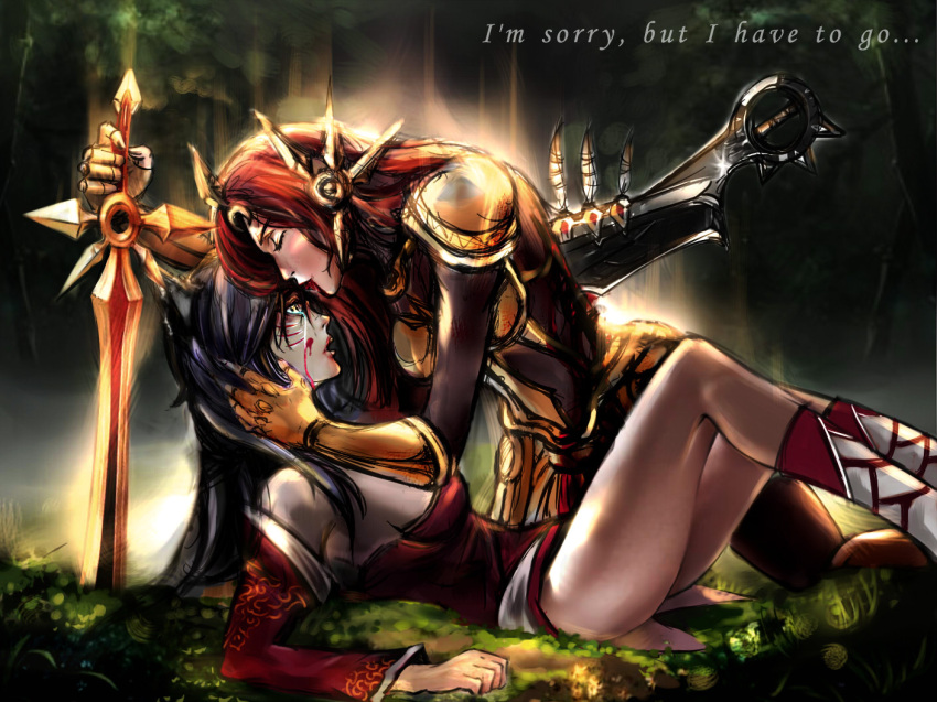2girls ahri animal_ears armor axe bare_shoulders blood detached_sleeves ear_protection facial_mark forehead_kiss forehead_protector fox_ears hand_on_another's_face injury kiss korean_clothes league_of_legends leona_(league_of_legends) long_hair multiple_girls sachiel_(artist) sword weapon whisker_markings yellow_eyes yuri