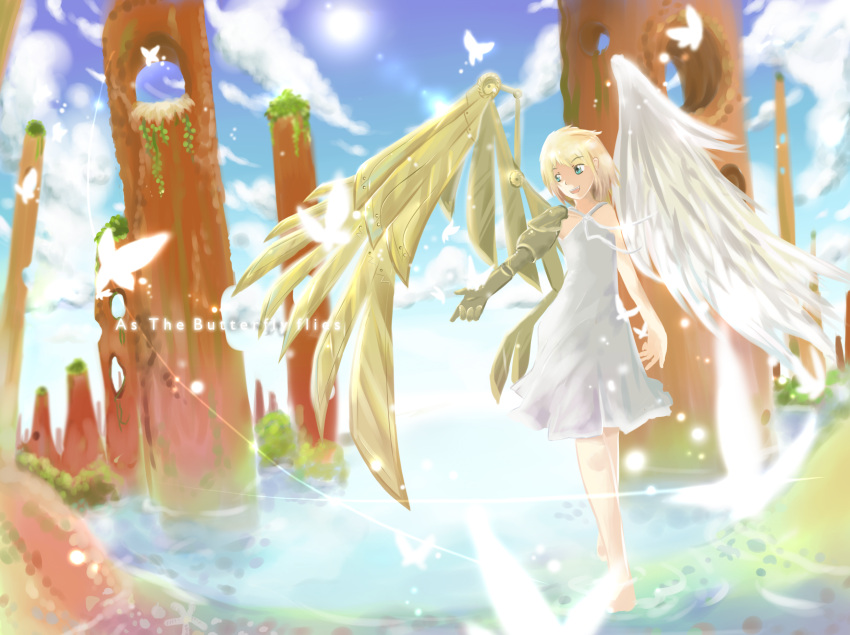 1girl :d angel angel_wings aqua_eyes asymmetrical_wings barefoot bephilops blonde_hair borrowed_character butterfly cassie_(acerailgun) clouds cyborg dress feathered_wings feathers flat_chest full_body highres lens_flare mechanical_arm mechanical_wings open_mouth original outdoors sky sleeveless smile solo sun walking walking_on_water white_dress wings