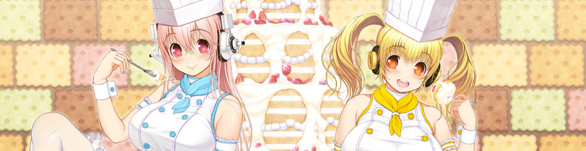2girls bare_shoulders blonde_hair blush breasts cake chef_hat food fork hat headphones huge_breasts large_breasts long_hair looking_at_viewer multiple_girls nitroplus open_mouth orange_eyes pink_eyes pink_hair plump short_hair smile solo super_pochaco super_sonico toque_blanche tsuji_santa twintails