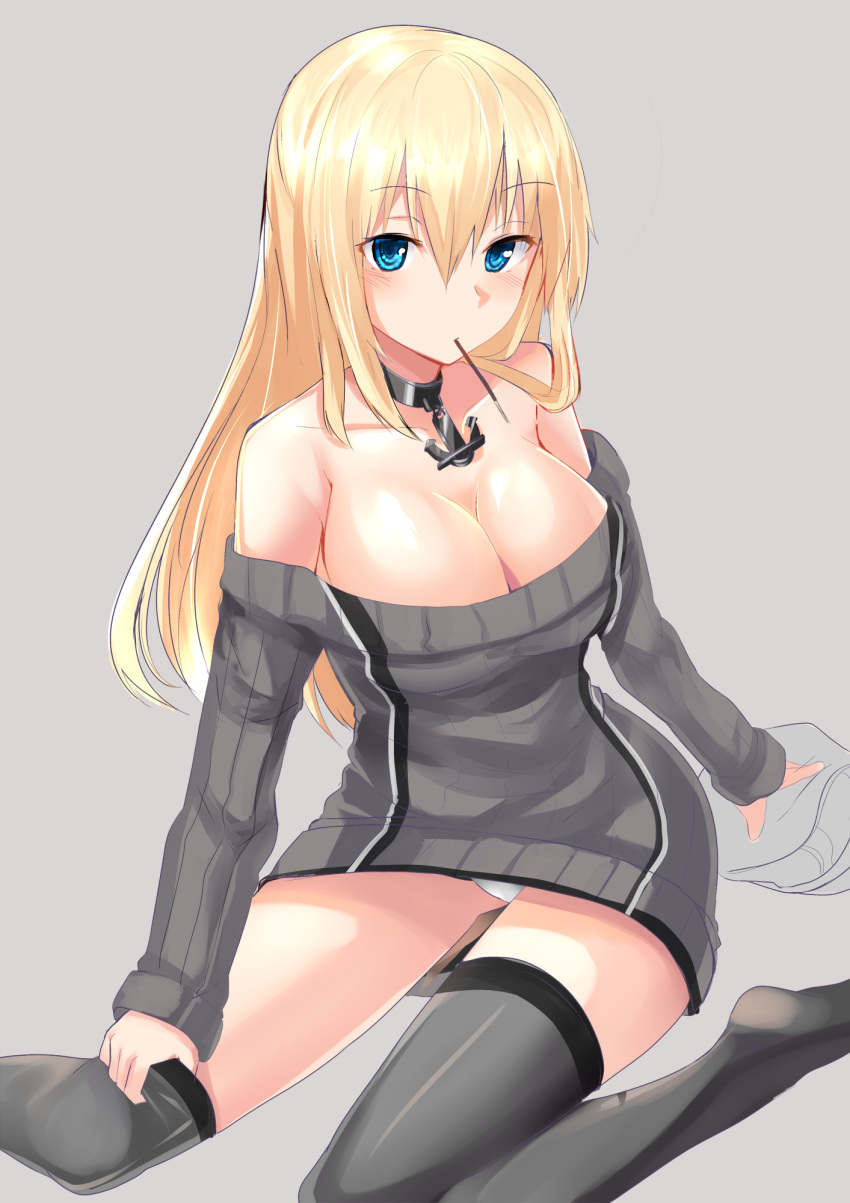1girl adapted_costume bare_shoulders bismarck_(kantai_collection) blonde_hair blue_eyes blush breasts cleavage food_in_mouth grey_background grey_legwear haik highres kantai_collection large_breasts long_hair panties pocky simple_background sitting solo thigh-highs thighhighs_pull underwear wariza white_panties