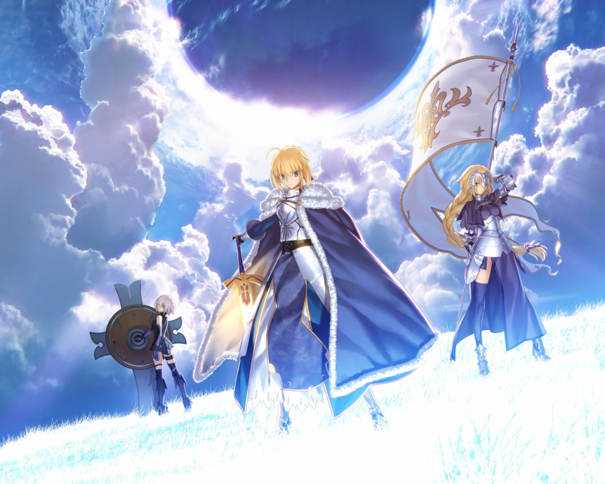 3girls armor blonde_hair boots cape clouds cloudy_sky elbow_gloves fate/apocrypha fate/grand_order fate/stay_night fate_(series) gloves green_eyes grey_eyes highres long_hair multiple_girls pink_hair polearm saber short_hair sky spear sword takeuchi_takashi thigh-highs type-moon violet_eyes weapon