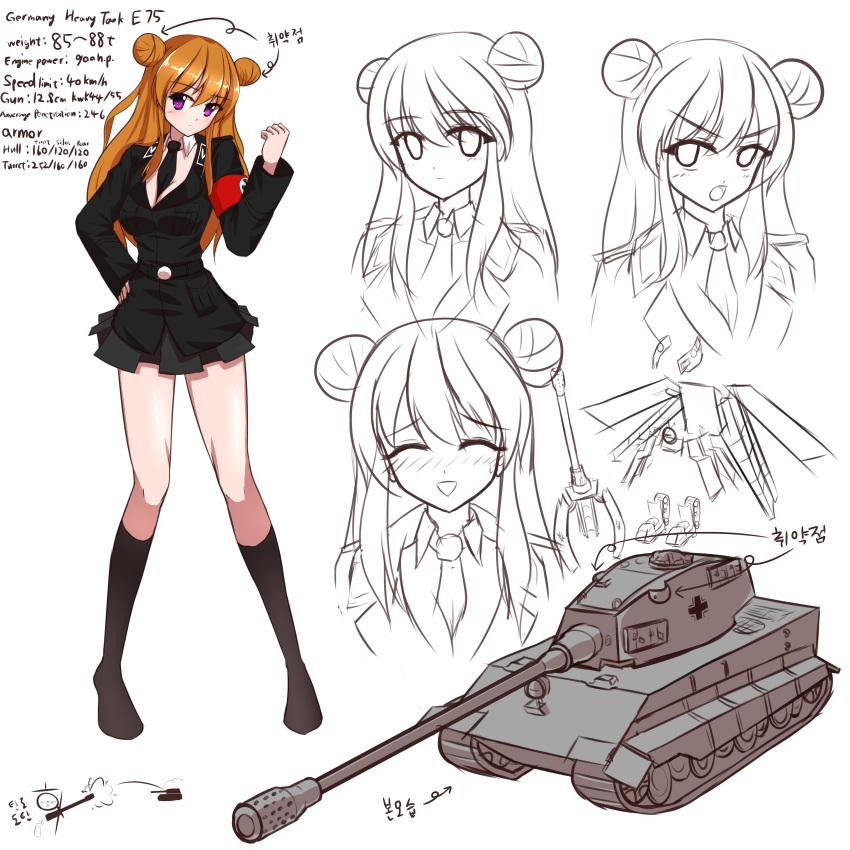 1girl absurdres armband between_breasts breasts cannon character_name cleavage collar double_bun entwicklung_75 facial_expressions hair_ornament hand_on_hip highres kneehighs korean long_hair military military_uniform military_vehicle muzzle_brake necktie orange_hair original personification skirt solo stats tandozzing tank translation_request uniform vehicle violet_eyes white_background world_of_tanks