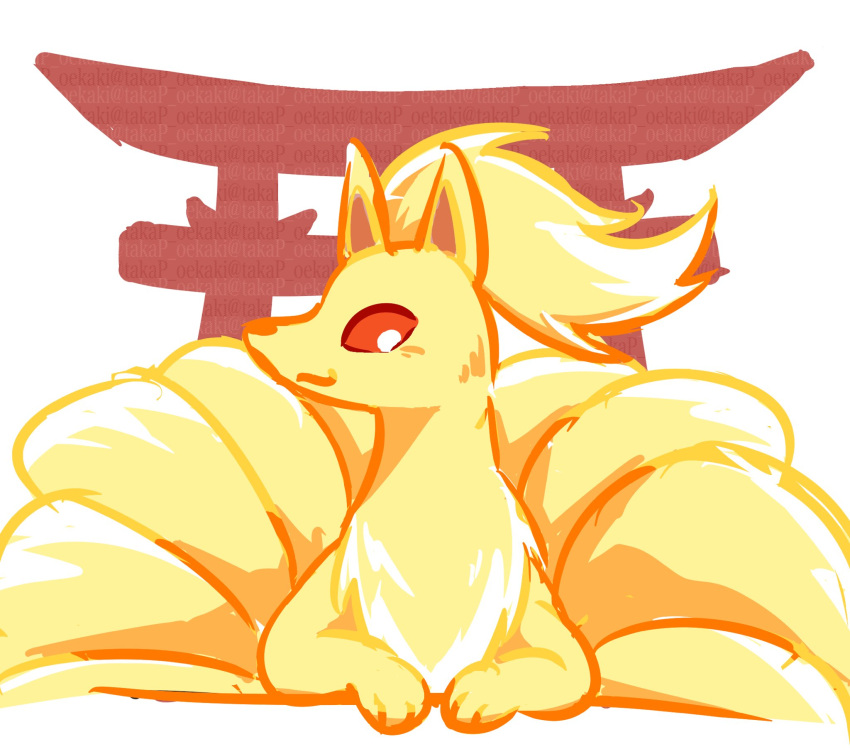 animal_focus closed_mouth fox highres looking_at_viewer multiple_tails ninetales no_humans pokemon pokemon_(creature) pokemon_focus red_eyes solo tail takap_oekaki torii