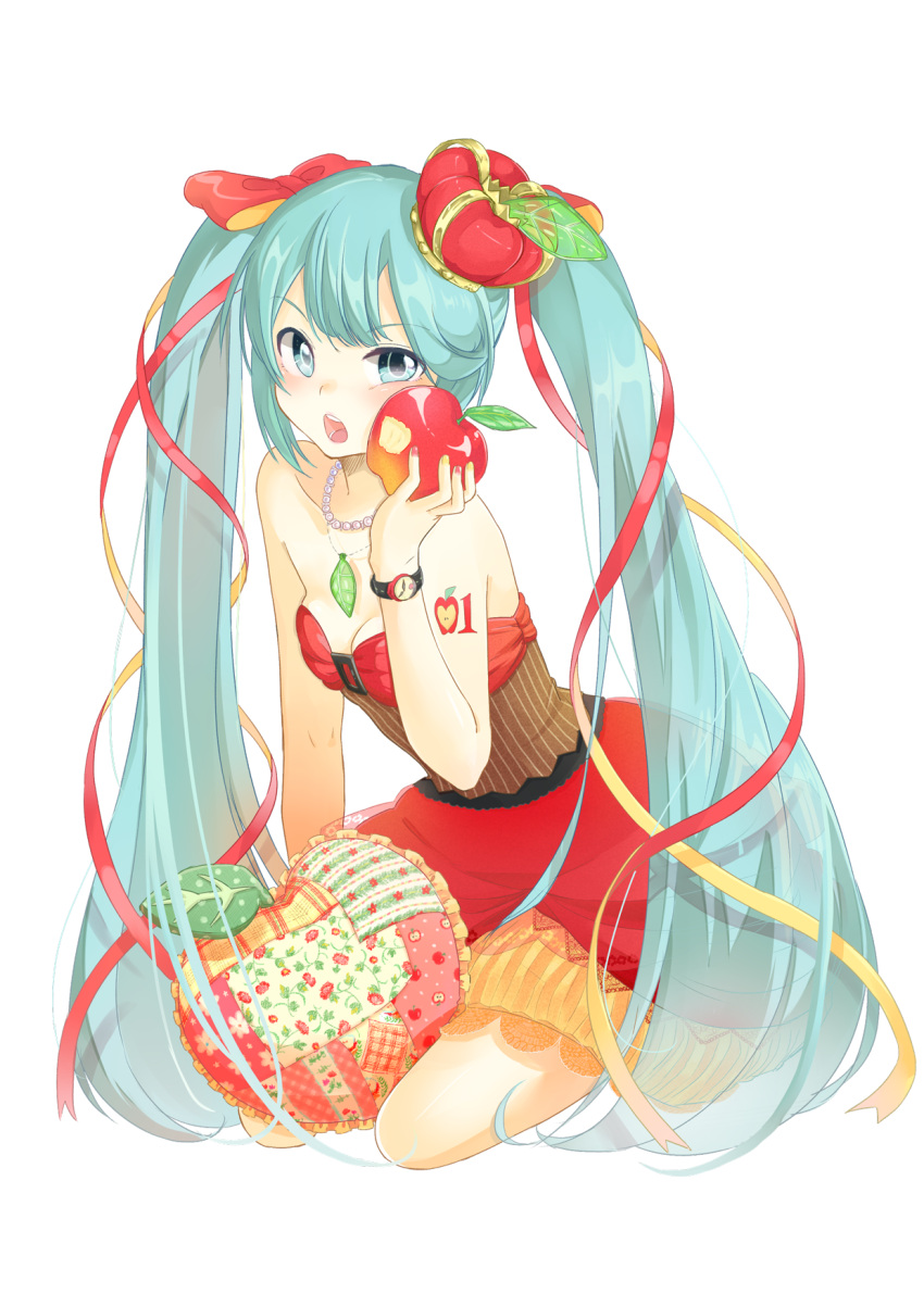 1girl agonasubi apple aqua_eyes aqua_hair crown cushion dress food food_themed_clothes fruit hair_ribbon hatsune_miku highres jewelry long_hair necklace open_mouth ribbon sitting solo tattoo twintails very_long_hair vocaloid watch white_background