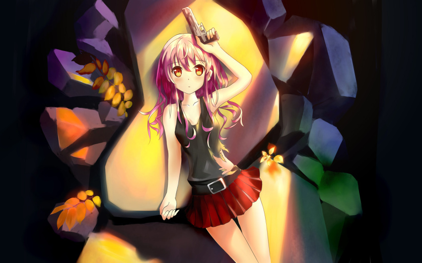 1girl bare_shoulders blush breasts guilty_crown gun hair_ornament hairclip handgun highres hjl_(hjl5000) long_hair looking_at_viewer lying on_back pink_hair pistol red_eyes solo torn_clothes torn_shirt trigger_discipline twintails weapon yuzuriha_inori