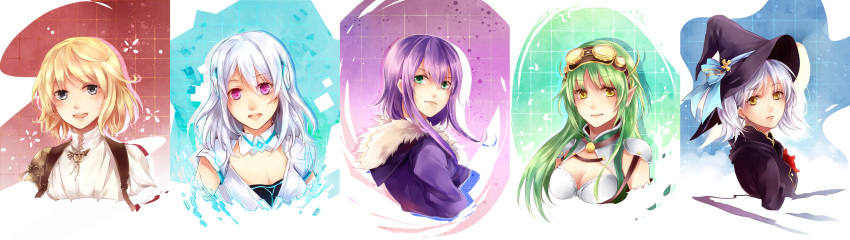 5girls alpha_(acerailgun) angel blonde_hair borrowed_character breasts cassie_(acerailgun) cecilia_(acerailgun) cleavage collage cyborg fur_trim ghost green_eyes green_hair grey_eyes hat highres hoodie isabelle_(acerailgun) long_hair mechanical_arm multiple_girls original pink_eyes pointy_ears portrait purple_hair robot_girl rynn_(acerailgun) shoulder_pads smile white_hair witch witch_hat yellow_eyes zaphylla