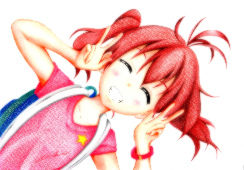 1girl absurdres bangle blush bracelet bust closed_eyes collarbone colored colored_pencil_(medium) double_w grin highres icchigood jewelry kuraue_hinata mixed_media pink_shirt redhead short_sleeves side_ponytail signature smile solo star t-shirt traditional_media twintails watercolor_pencil_(medium) white_background yama_no_susume