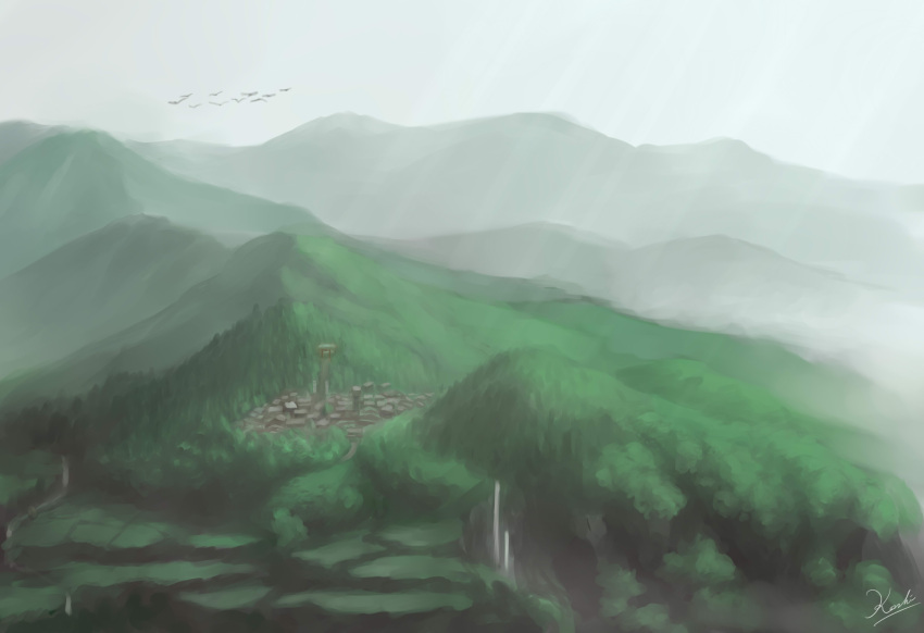 absurdres bird clouds cloudy_sky flock forest from_above highres koshi_(koshi_vortex) light_rays mist mountain nature no_humans original path rice_paddy river road scenery shrine signature sketch sky stairway stream sunlight torii touhou tree vanishing_point village