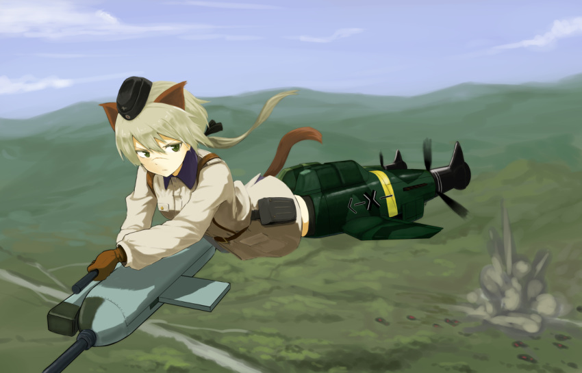 1girl animal_ears belt black_ribbon blonde_hair brown_gloves clouds explosion flying garrison_cap gloves green_eyes hair_ribbon hanna_rudel hat hill holding jacket long_hair long_sleeves military military_uniform neuroi nose_scar ponytail ribbon river scar shiratama_(hockey) sky solo strike_witches striker_unit tail uniform wolf_ears wolf_tail