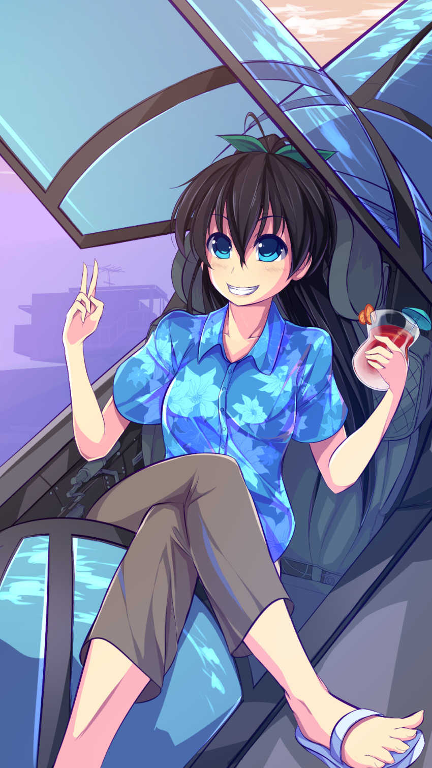 1girl airplane antenna_hair black_hair blue_eyes capri_pants cockpit crossed_legs drink fighter_jet ganaha_hibiki grin hair_ribbon hawaiian_shirt highres idolmaster jet long_hair maullarmaullar pants ponytail ribbon sandals sitting smile solo toes v