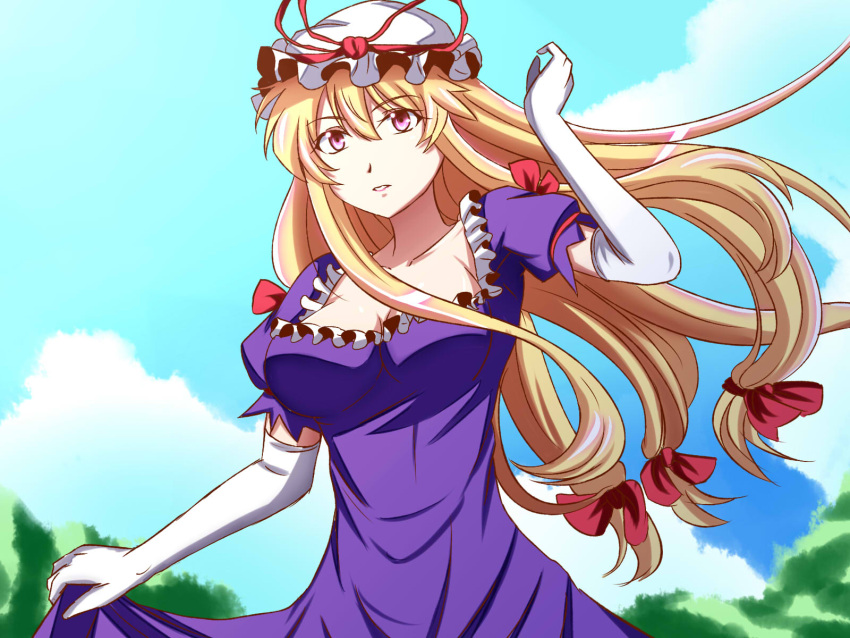 1girl arm_up armband blonde_hair blue_sky bow breasts cleavage clouds collarbone cowboy_shot dress dress_lift elbow_gloves gloves hair_bow hat hat_ribbon highres jpeg_artifacts kyoukyan large_breasts long_hair mob_cap parted_lips pink_eyes purple_dress ribbon shiny shiny_hair short_sleeves sky solo taut_clothes teeth touhou tree wind yakumo_yukari
