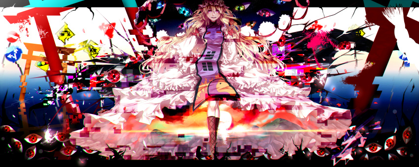 1girl abstract absurdres blonde_hair blue_background boots bow breasts clouds distortion dress eyelashes eyes eyes_visible_through_hair floating frilled_dress frills gap glowing glowing_eyes gradient gradient_background hair_bow hand_up highres holding_umbrella knees lake large_breasts lens_flare long_hair mountain multicolored_eyes open_hand open_mouth paint_splatter petals red_pupils reflection senshuu_kou sign smile solo space sunset tabard teeth tongue torii touhou umbrella very_long_hair violet_eyes white_background white_dress yakumo_yukari