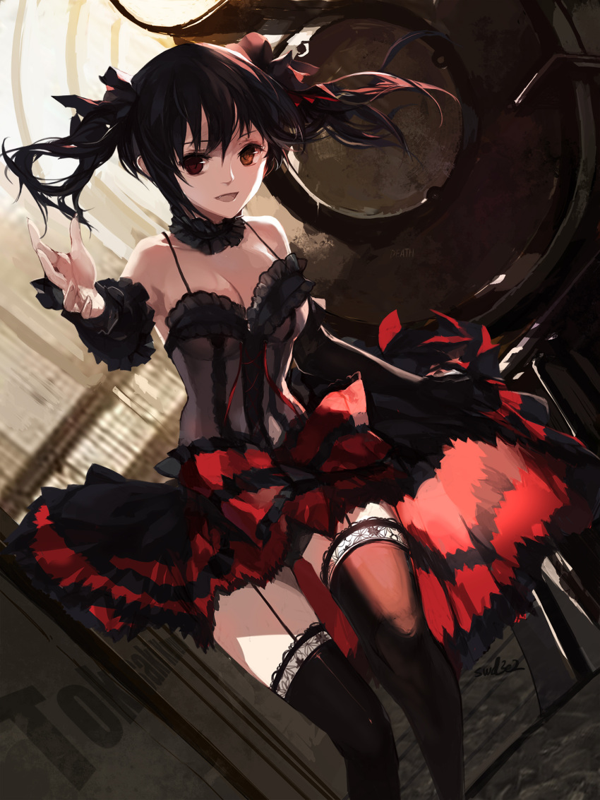 1girl :d black_hair black_legwear breasts brown_eyes cleavage date_a_live detached_sleeves dress frilled_thighighs garter_straps heterochromia highres lace lace-trimmed_thighhighs lolita_fashion open_mouth red_eyes smile swd3e2 thigh-highs tokisaki_kurumi twintails