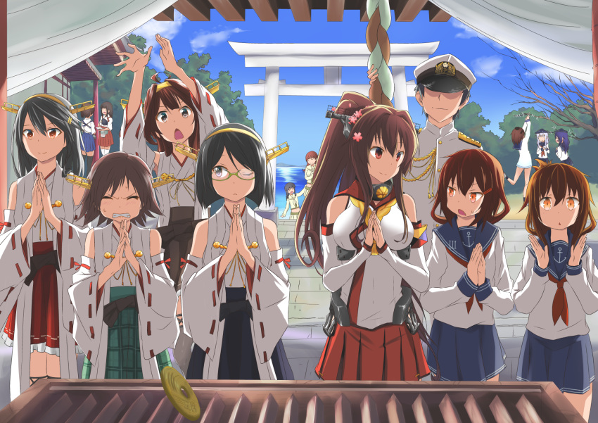 1boy 6+girls admiral_(kantai_collection) ahoge akagi_(kantai_collection) akatsuki_(kantai_collection) anchor_symbol aqua_hair arms_up bangs bare_shoulders black_hair blue_skirt blue_sky blunt_bangs box braid brown_eyes brown_hair detached_sleeves donation_box double_bun dress faceless faceless_male flower folded_ponytail frilled_skirt frills glasses grey_hair hair_flower hair_ornament hairband hairclip hands_clasped haruna_(kantai_collection) hat headgear hibiki_(kantai_collection) hiei_(kantai_collection) highres ikazuchi_(kantai_collection) inazuma_(kantai_collection) japanese_clothes kantai_collection kikyou_(kiss-shot) kirishima_(kantai_collection) kitakami_(kantai_collection) kongou_(kantai_collection) long_hair long_ponytail long_sleeves low_twintails midriff military military_uniform multiple_girls muneate naval_uniform neckerchief nontraditional_miko one_eye_closed ooi_(kantai_collection) outdoors peaked_cap plaid plaid_skirt pleated_skirt ponytail praying purple_hair sailor_collar sailor_dress school_uniform serafuku short_hair shrine single_braid skirt sky torii twintails uniform white_dress yamato_(kantai_collection) yukikaze_(kantai_collection)