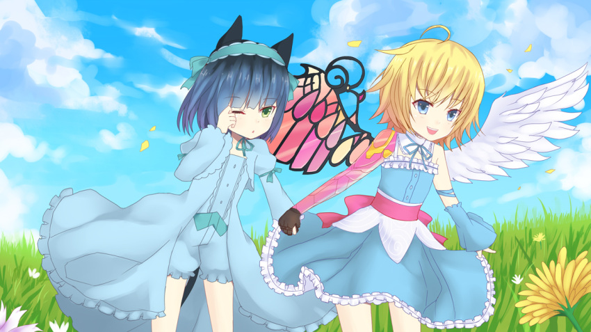 1boy 1girl ahoge angel angel_wings animal_ears asymmetrical_wings blonde_hair blue_eyes blue_hair borrowed_character cassie_(acerailgun) cat_ears cat_tail clouds cloudy_sky cyborg detached_sleeve dress feathered_wings flat_chest flower frilled_dress frills grass green_eyes hairband holding_hands mechanical_arm mechanical_wings original outdoors petals ryoune_yami saru_to_yami sky tail trap wings wink