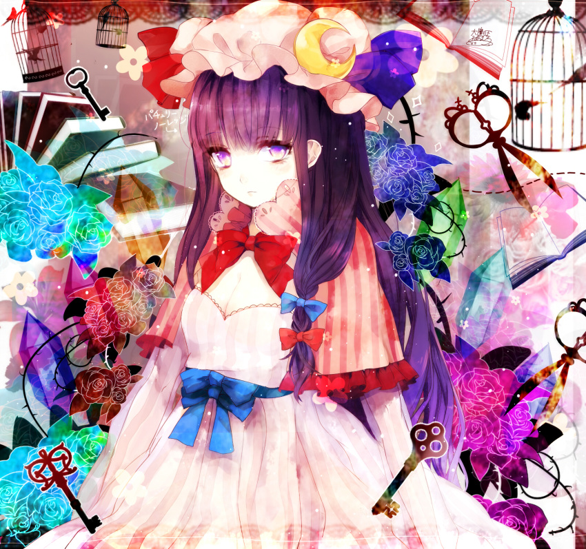 1girl birdcage blue_rose bow cage capelet character_name crescent_hair_ornament flower hair_bow hair_ornament hat highres key long_hair patchouli_knowledge purple_hair rose solo touhou violet_eyes