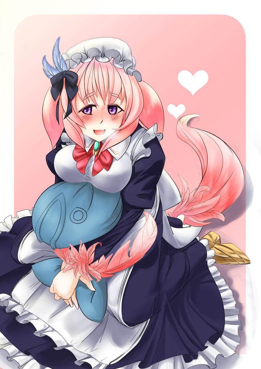 1girl absurdres apron blush breath feathers fish_pillow hair_ornament hat heavy_breathing high_heels highres kikimora_(monster_girl_encyclopedia) looking_at_viewer maid maid_apron monster_girl_encyclopedia open_mouth pink_hair ribbon short_hair tail violet_eyes