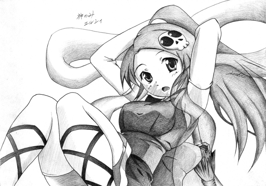 1girl absurdres breasts cross-laced_footwear elbow_gloves elsea_de_lute_irma gloves hair_ornament highres icchigood kami_nomi_zo_shiru_sekai long_hair looking_at_viewer monochrome open_mouth ponytail shawl signature skull_hair_ornament solo thigh-highs traditional_media very_long_hair white_background