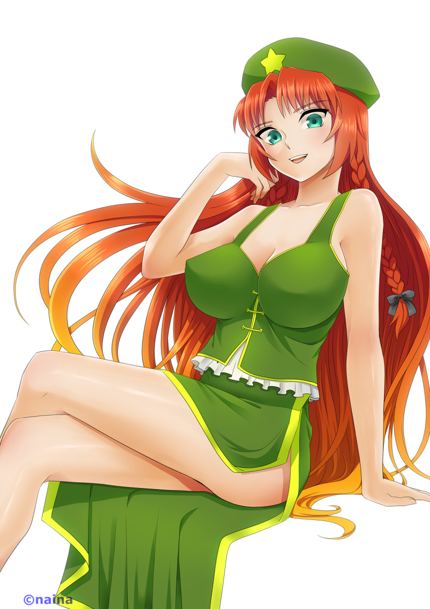 1girl aqua_eyes arm_support bangs bare_shoulders braid breasts chinese_clothes cleavage crossed_legs hair_ribbon hair_tussle highres hong_meiling impossible_clothes large_breasts long_hair looking_at_viewer naina parted_bangs redhead ribbon side_slit sitting skirt skirt_set smile solo tangzhuang thighs touhou tress_ribbon twin_braids