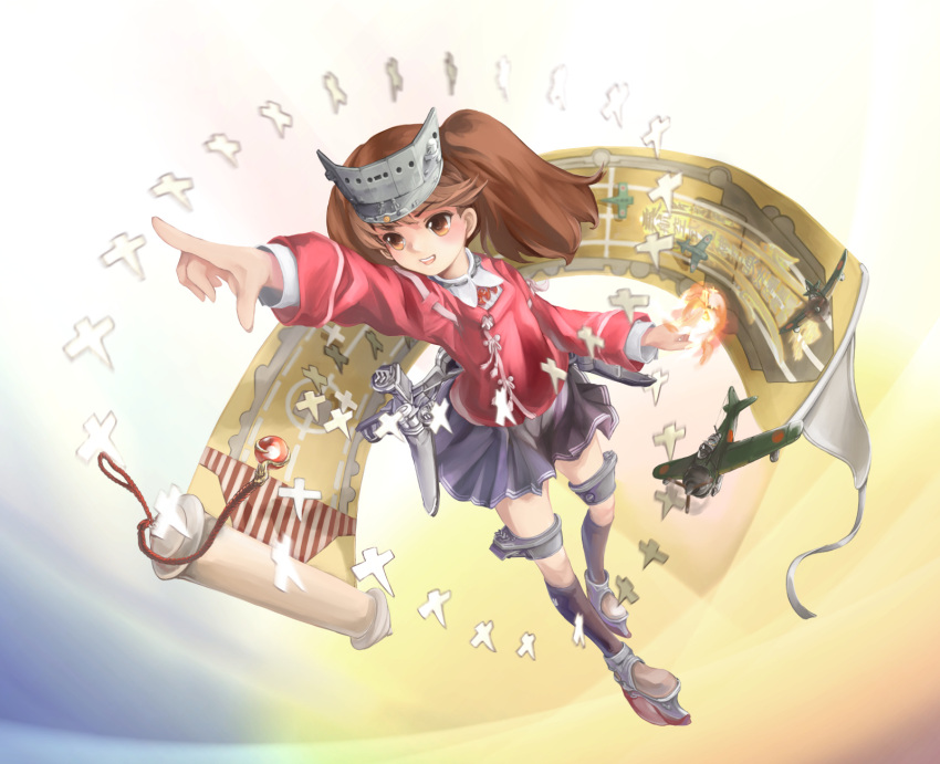 1girl apricotte brown_eyes brown_hair dress_shirt dutch_angle from_above full_body gradient gradient_background highres japanese_clothes kantai_collection kariginu long_hair looking_up magatama onmyouji pleated_skirt pointing ryuujou_(kantai_collection) scroll shikigami shirt skirt solo twintails visor_cap water