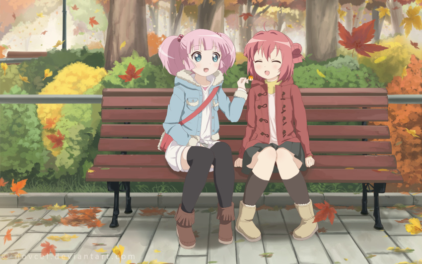 2girls :d ^_^ akaza_akari autumn autumn_leaves bag bench black_legwear boots closed_eyes handbag highres jacket kneehighs knees_together_feet_apart leaf multiple_girls novcel open_mouth outdoors pink_hair plant redhead skirt smile thigh-highs tree watermark yoshikawa_chinatsu yuru_yuri