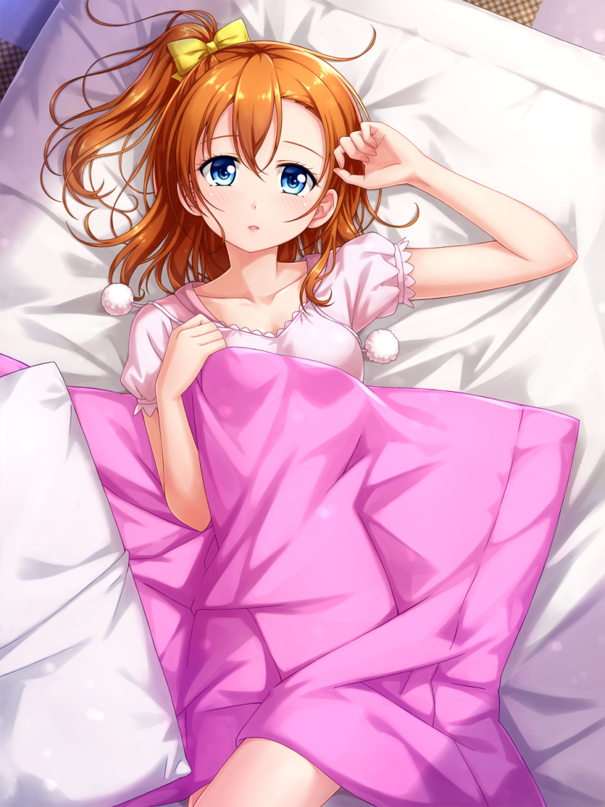1girl blue_eyes blush bow breast_hold brown_hair collarbone hair_bow highres kousaka_honoka looking_at_viewer love_live!_school_idol_project lying on_back one_side_up open_mouth pillow puffy_short_sleeves puffy_sleeves short_sleeves solo tucana