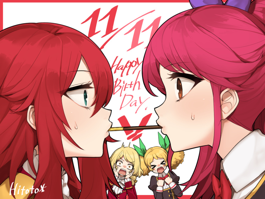 aikatsu! blonde_hair blue_eyes blush character_request crossover happy_birthday hitoto long_hair mouth_hold multiple_girls open_mouth otoshiro_seira pocky pocky_day pocky_kiss ponytail red_eyes redhead saegusa_kii shared_food signature surprised twintails