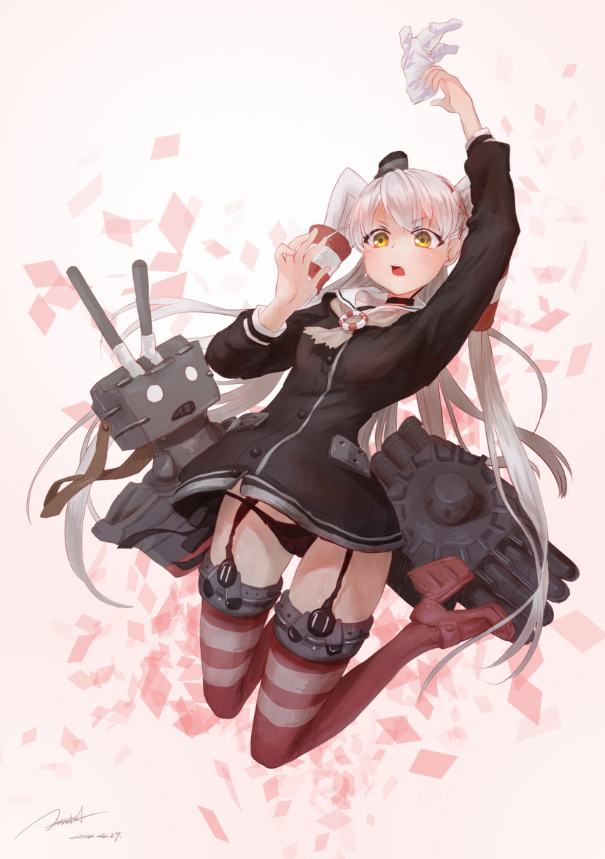 1girl absurdres amatsukaze_(kantai_collection) black_panties blush choker criin_(659503) dated garter_straps gloves gloves_removed hair_tubes highres kantai_collection long_hair machinery panties red_legwear rensouhou-kun sailor_dress signature silver_hair solo thigh-highs two_side_up underwear very_long_hair white_gloves yellow_eyes