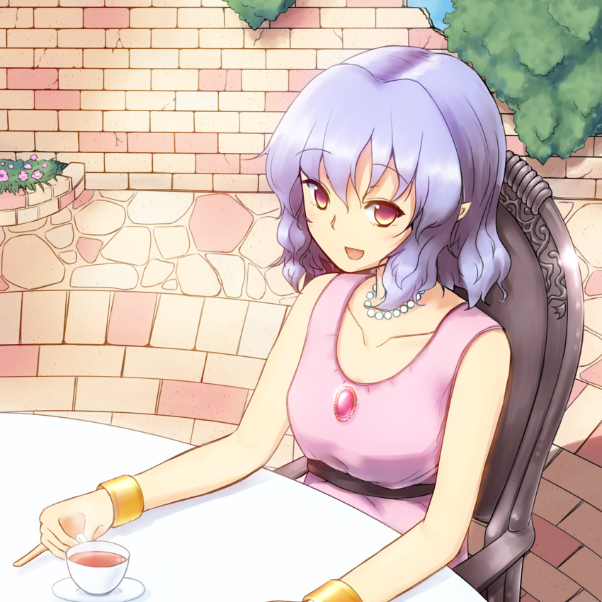 1girl blue_hair collarbone cup flower formal highres jewelry necklace orinpachu outdoors pearl_necklace pinky_out pointy_ears remilia_scarlet sitting smile solo tea teacup touhou