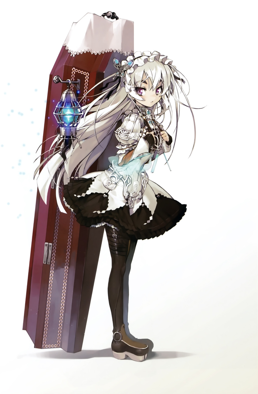 1girl absurdres black_gloves black_legwear boots butterfly_hair_ornament chaika_trabant coffin dress eyebrows fingerless_gloves full_body gloves hair_ornament hairband highres hitsugi_no_chaika lolita_fashion lolita_hairband long_hair looking_at_viewer namaniku_atk scan simple_background skirt smile solo standing thigh-highs thigh_boots violet_eyes weapon white_hair