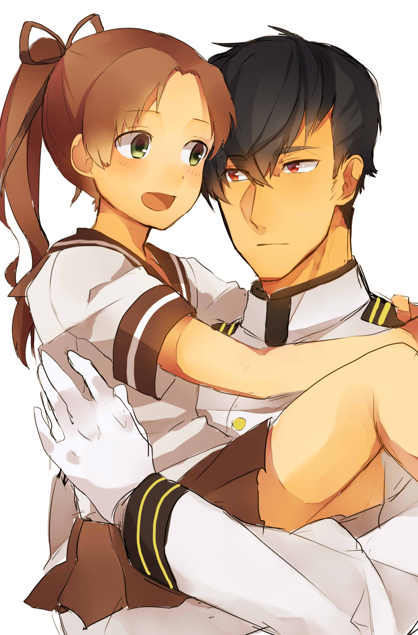 absurdres admiral_(kantai_collection) ayanami_(kantai_collection) black_hair brown_eyes brown_hair carrying ebippoid green_eyes highres kantai_collection side_ponytail smile uniform