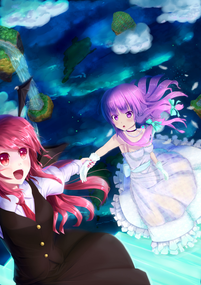 2girls :d :o bat_wings blush bow breasts clouds cloudy_sky dress gloves hair_bow hair_ornament hair_ribbon highres jewelry koakuma looking_at_another looking_away multiple_girls necklace necktie open_mouth parted_lips patchouli_knowledge pink_eyes pink_hair red_eyes red_necktie redhead ribbon seneto shirt sky smile touhou vest wedding_dress white_dress white_gloves white_shirt wings