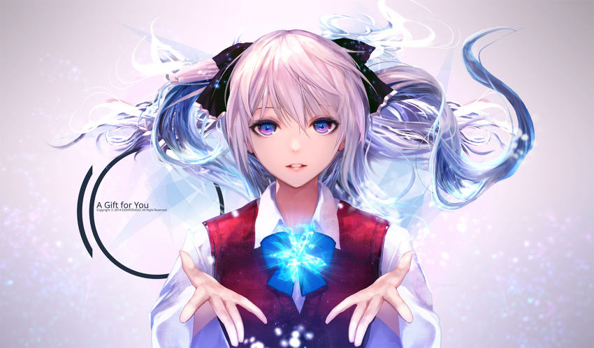 1girl blue_eyes bowtie crystal floating_hair jname long_hair looking_at_viewer magic original outstretched_hand parted_lips pink_hair solo twintails