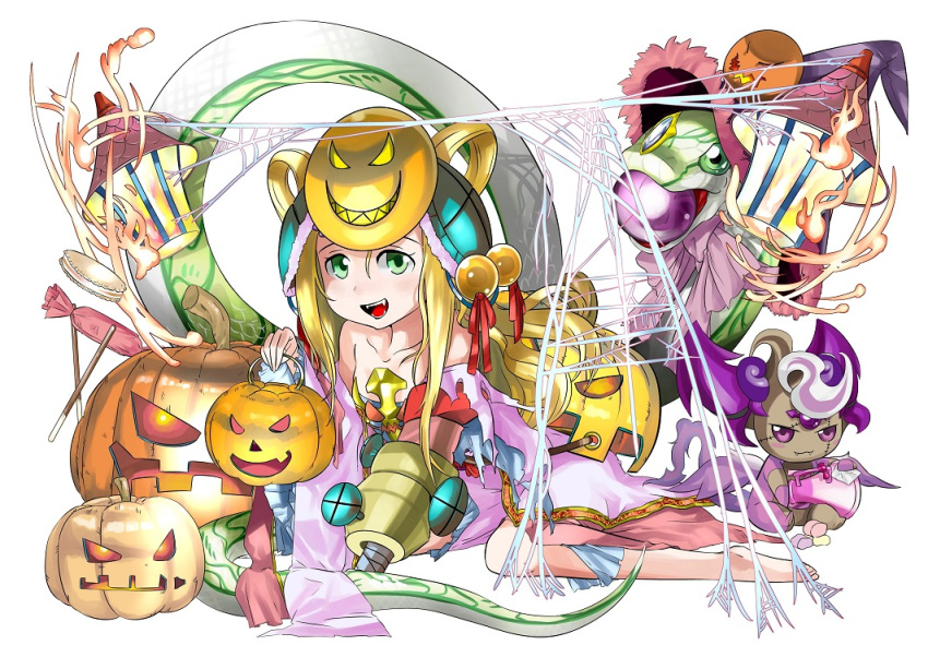 1girl adapted_costume animal bare_shoulders blonde_hair blush collarbone dress fangs giant_snake green_eyes hair_bobbles hair_ornament hair_rings halloween hat jack-o'-lantern kei_(keiclear) lantern long_hair long_sleeves mask meimei_(p&amp;d) nail off_shoulder open_mouth oversized_animal pumpkin puzzle_&amp;_dragons red_ribbon ribbon screw silk simple_background snake solo spider_web torn_clothes torn_dress turtle_shell white_background witch_hat