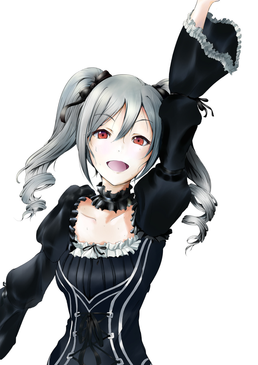 1girl absurdres artist_request dress drill_hair hair_ribbon highres idolmaster idolmaster_cinderella_girls kanzaki_ranko long_hair open_mouth red_eyes ribbon silver_hair simple_background smile solo twin_drills twintails