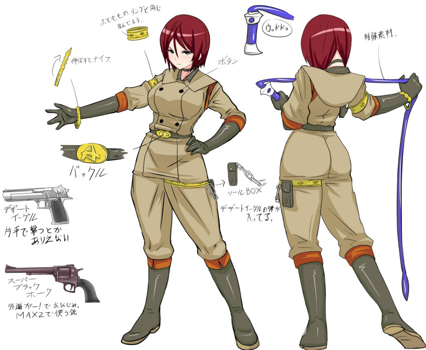1girl armband bangle black_gloves boots bracelet breasts brown_eyes brown_hair character_sheet choker gloves gun hand_on_hip handgun highres jewelry king_of_fighters knee_boots large_breasts okyou pistol revolver solo thigh_pouch thigh_strap translation_request weapon whip whip_(kof)