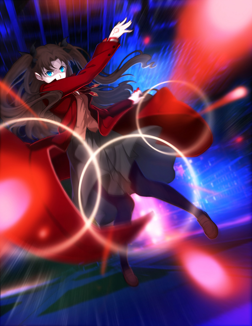 1girl black_legwear blue_eyes blurry brown_hair command_spell depth_of_field fate/stay_night fate_(series) hair_ribbon highres jacket loafers long_hair looking_at_viewer ribbon shoes skirt sola7764 solo tohsaka_rin toosaka_rin two_side_up