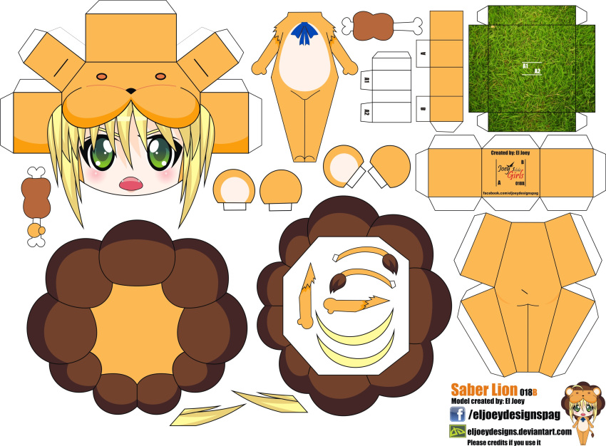 1girl ahoge animal_costume artist_name blonde_hair blush boned_meat character_name chibi el_joey fangs fate/stay_night fate_(series) food grass green_eyes highres lion_costume meat open_mouth paper_cut-out papercraft saber saber_lion solo tail