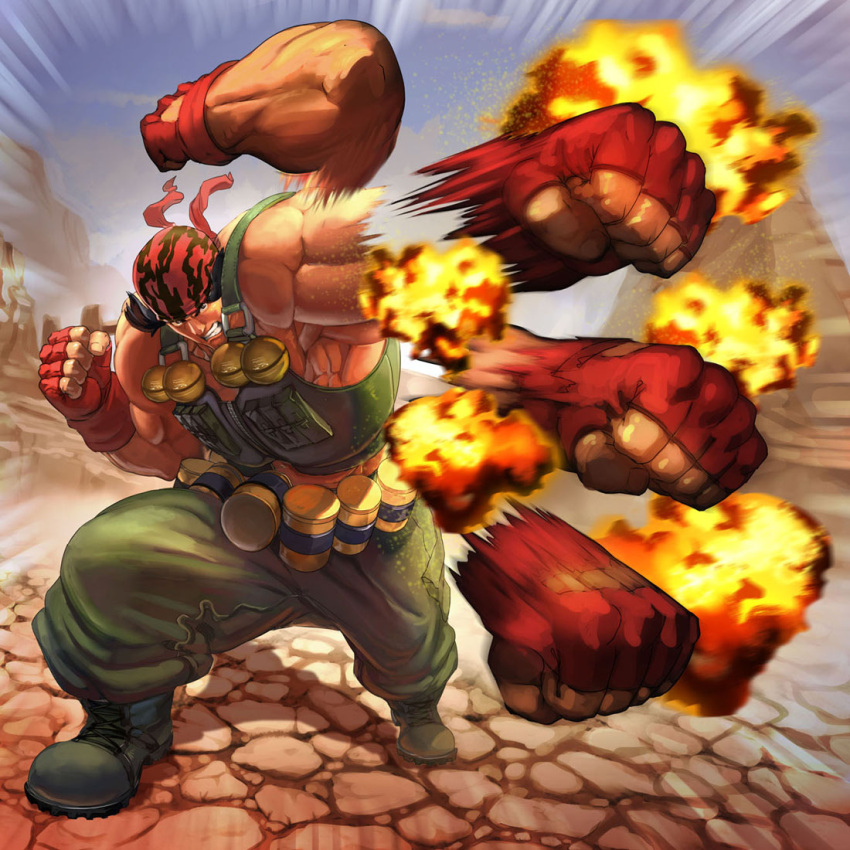 1boy afterimage bandana bared_teeth brolo combat_boots explosion explosive fingerless_gloves gloves grenade king_of_fighters load_bearing_vest military muscle punching ralf_jones shirtless solo