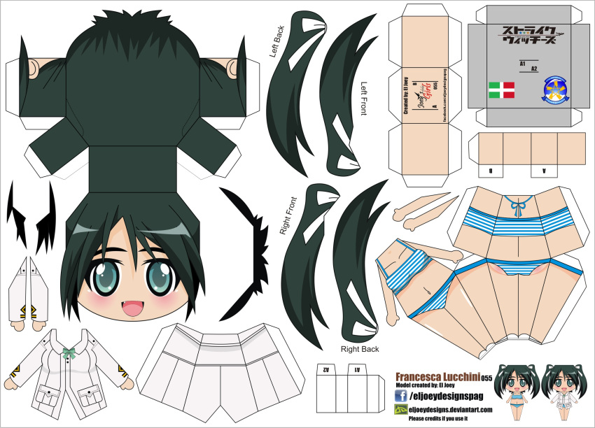 1girl :d artist_name bikini blue_eyes blush breasts character_name chibi el_joey fang francesca_lucchini green_hair highres military_jacket navel open_mouth paper_cut-out papercraft smile solo strike_witches striped striped_bikini striped_swimsuit swimsuit twintails uniform watermark web_address