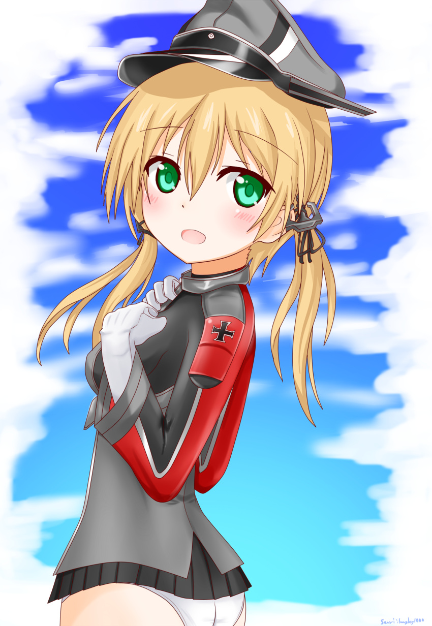 1girl anchor_hair_ornament aqua_eyes ass blonde_hair blue_sky blush clouds gloves hands_on_own_chest hat highres kantai_collection langley1000 long_hair long_sleeves military military_uniform open_mouth panties peaked_cap prinz_eugen_(kantai_collection) sky solo twintails underwear uniform white_gloves white_panties