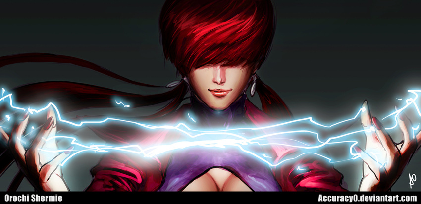 1girl accuracy0 breasts cleavage colored cropped_jacket earrings hair_over_eyes jewelry king_of_fighters large_breasts leotard lightning lips lipstick long_hair low_twintails makeup nose redhead revision shermie smile solo twintails