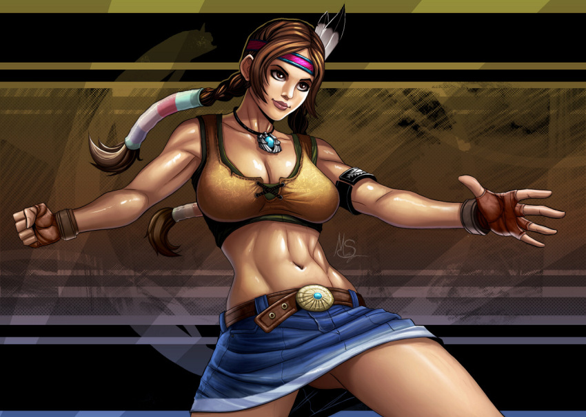 1girl armband bracelet braid breasts brown_eyes brown_hair cleavage clenched_hand denim_skirt feathers fingerless_gloves gloves hair_feathers hair_tubes headband jewelry julia_chang large_breasts lips long_hair matt_(ex-mile) midriff namco native_american navel nose pencil_skirt skirt smile solo tekken tekken_3 tekken_4 tekken_5_(dark_resurrection) tekken_7 tekken_tag_tournament_2 toned twin_braids