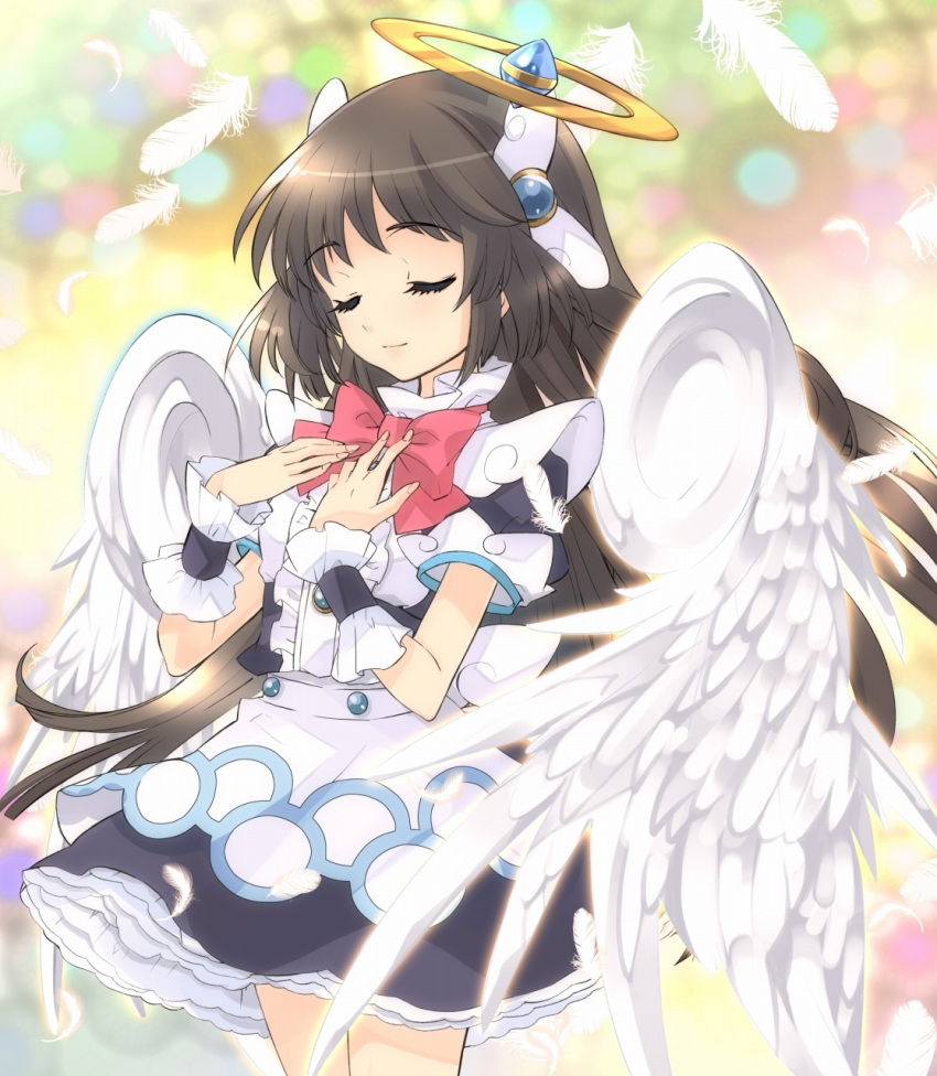 1girl angel_wings apron black_hair blue_skirt bow closed_eyes feathers frills hair_ornament hairpin halo highres itou_noiji kamisama_to_unmei_kakumei_no_paradox long_hair multicolored_background official_art ribbon saotome_liliel skirt smile solo white_wings wings wrist_cuffs